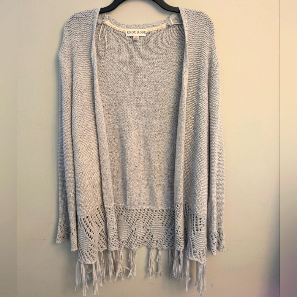 Knox Rose Open Knit Fringe Cardigan Size M Gray Western Boho